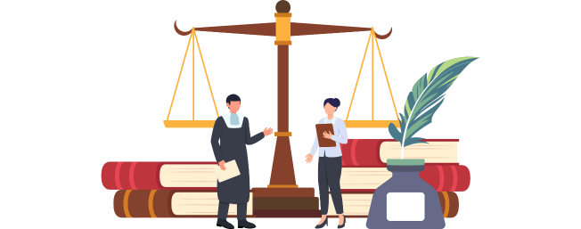 a man and woman standing next to a scale of justice