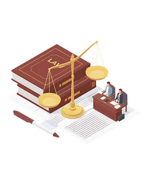 a pair of men sitting at a desk and a book with scales