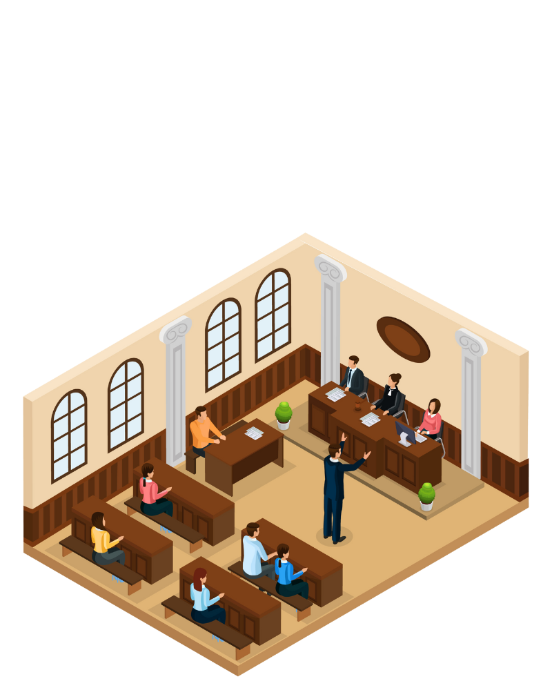 a group of people in a courtroom